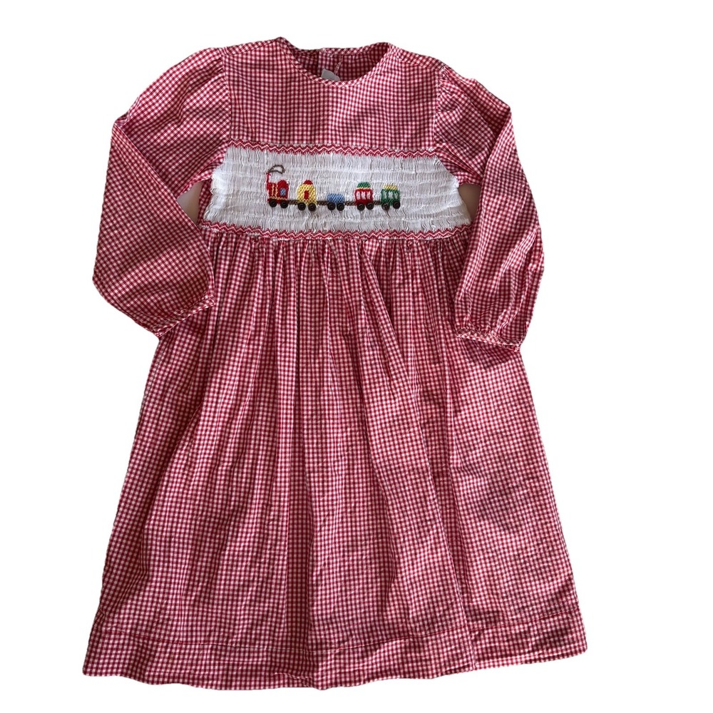 Fantaisie Kids Smocked Embroidered Train Dress Girls 4 Red White Gingham Holiday